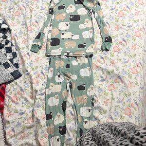Little Sleepies Sheep Pattern Kids Pajamas - Green and Cream